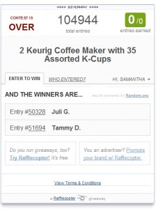 Winner of Keurig Coffee Maker