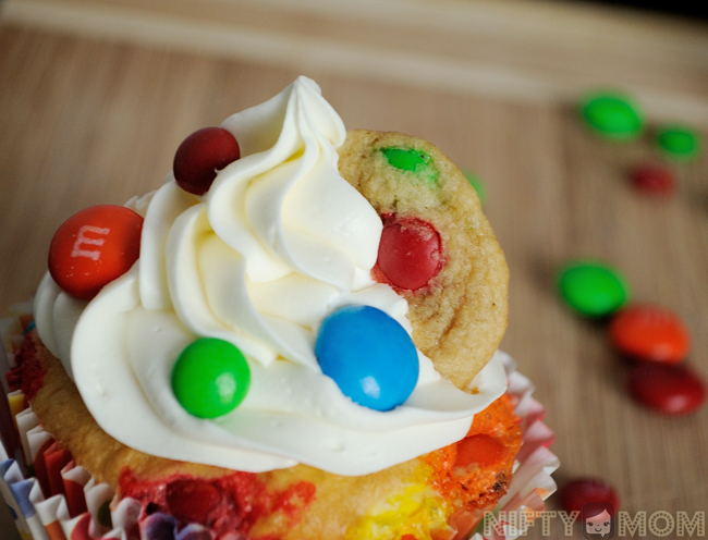 M&M Cupcakes topped with a Mini M&M Cookie