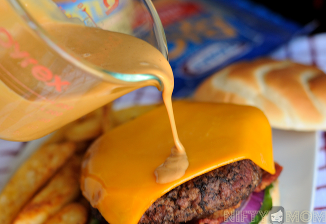 Pour Melted Peanut Butter Over Cheeseburger #SayCheeseburger #shop