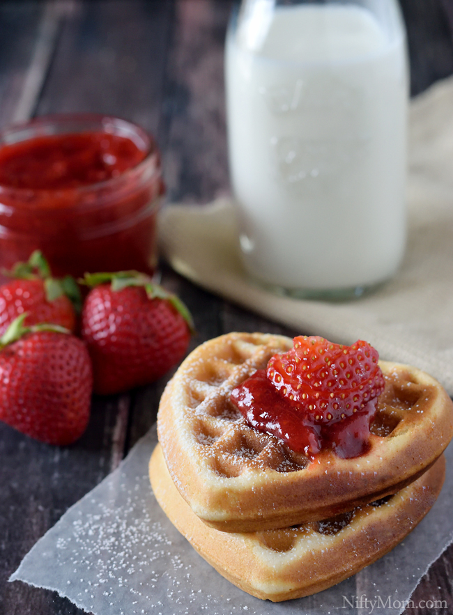 Heart Shaped Vanilla Waffles with Homemade Strawberry Sauce