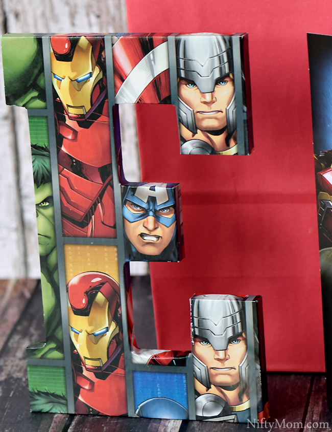 DIY Avengers Initial Sign Covered in Wrapping Paper #SendSmiles