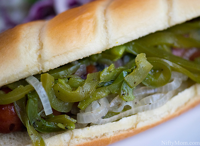 Grilled Peppers and Onions Paired with a Grilled Hot Dog