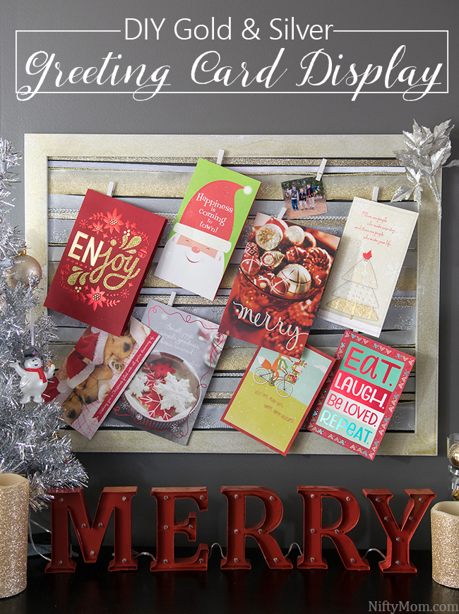 DIY Holiday Greeting Card Display Made with an Old Wood Frame & Ribbon