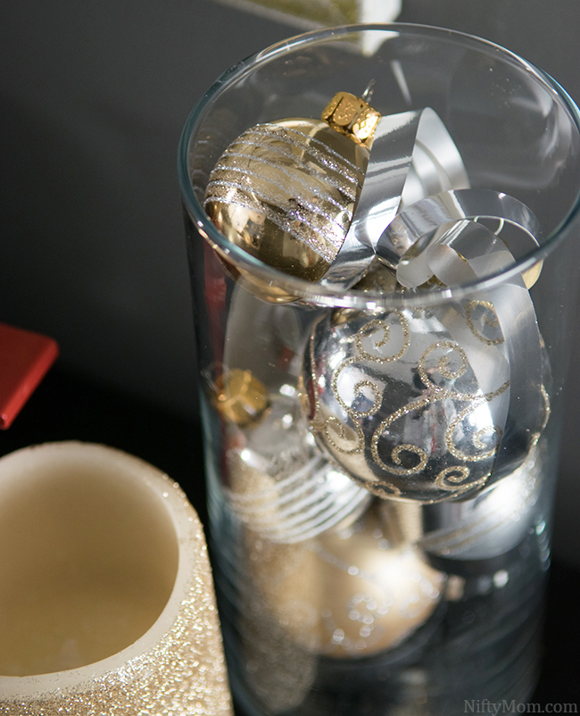 Easy Holiday Decor Idea - Fill a large vase with small ornaments 