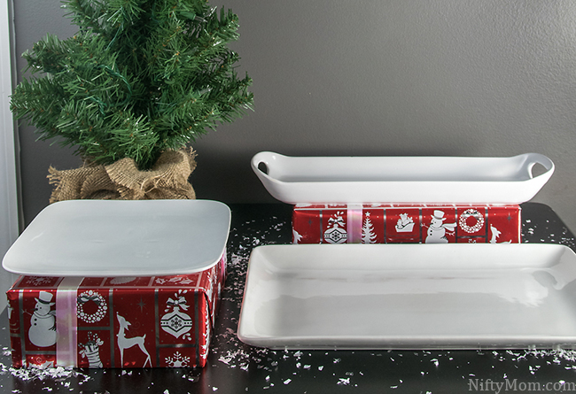 Easy Holiday Appetizer Setting - Wrap empty boxes to set dishes on!