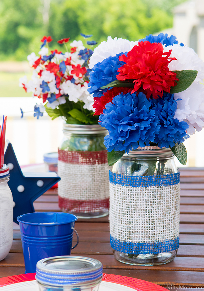 DIY Painted Burlap Mason Jars & Outdoor Table Decor Ideas