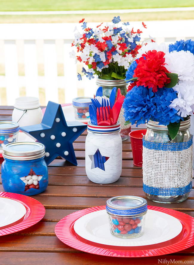DIY Mason Jars & Outdoor Table Decor Ideas - Red, White, & Blue Theme