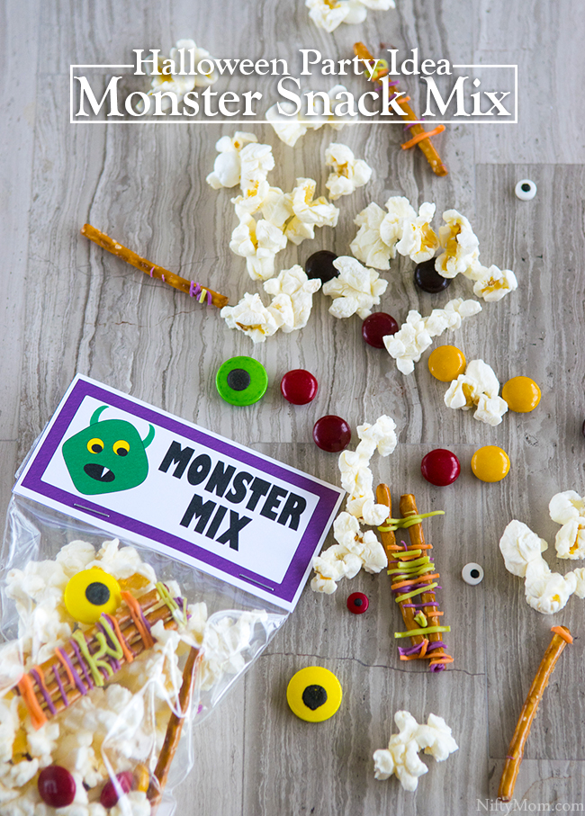 Halloween Party Idea - Monster Snack Mix with free printable treat bag label!