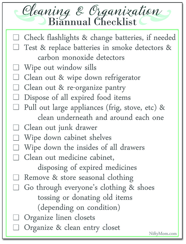 Free Printable Biannual Household Cleaning & Organization Checklist - Perfect for daylight savings time!