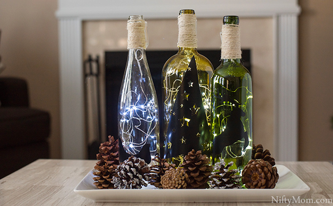 DIY Lighted Wine Bottle Holiday Decor & Centerpiece