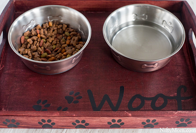 Turn a basic wooden tray into a custom dog food tray! Plus download the free file for the vinyl cutouts