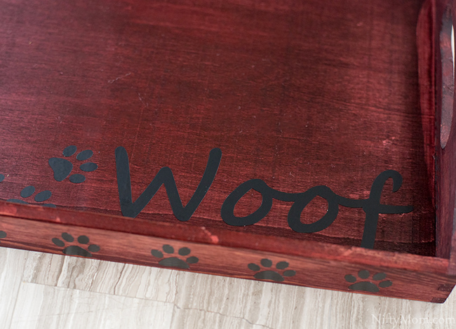 Turn a basic wooden tray into a custom dog food tray! Plus download the free file for the vinyl cutouts
