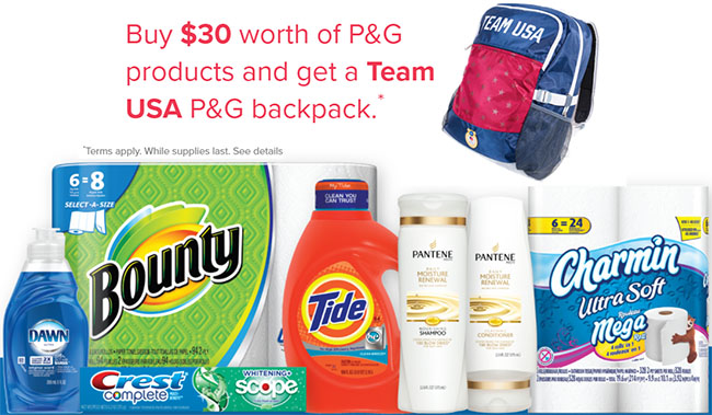 get a free Team USA P&G backpack when you buy $30 of P&G products from 1/23 – 1/30 at Schnucks