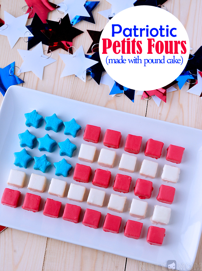 Easy Patriotic Petits Fours Dessert made with Pound Cake & Melted Icing