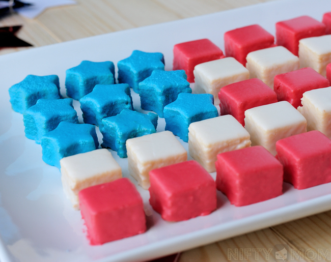 Easy Patriotic Petits Fours made with Pound Cake & Melted Icing