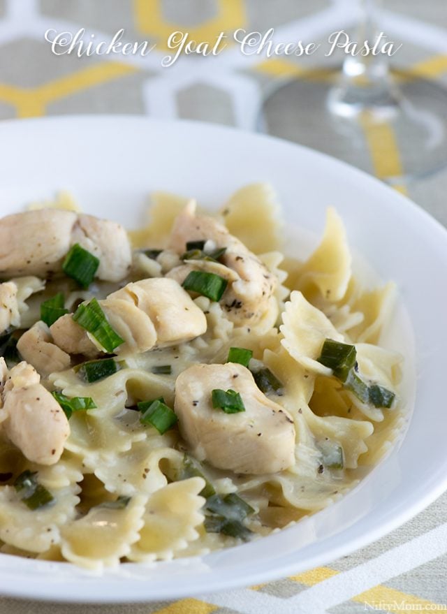 A delicious plate of creamy goat cheese chicken pasta with herbs