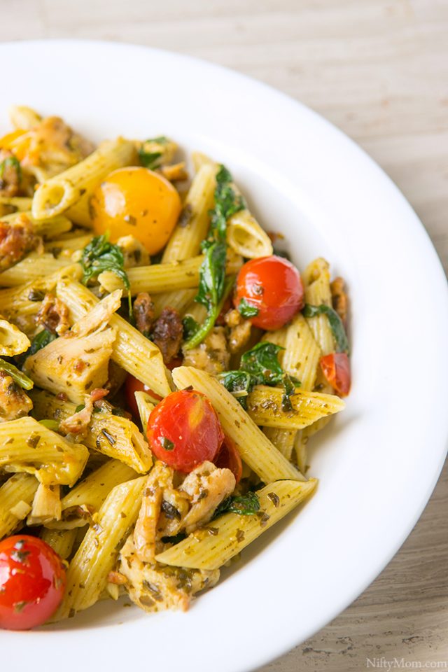 Weeknight Dinner OnePan Chicken & Bacon Pesto Pasta Nifty Mom