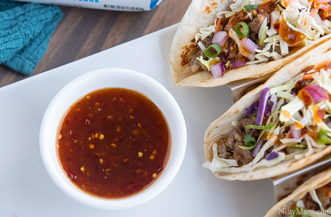 Egg Roll Inspired Pork Tacos with Sweet & Spicy Dipping Sauce