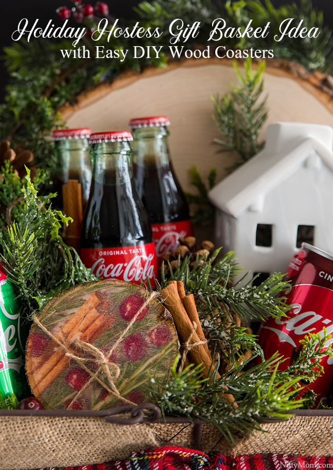 Holiday Hostess Gift Basket Idea Easy DIY Wood Coasters Nifty Mom