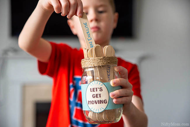 Activity Jar for Kids & 30+ Indoor Ideas to Get Kids Active ( with free printable mason jar wrap)